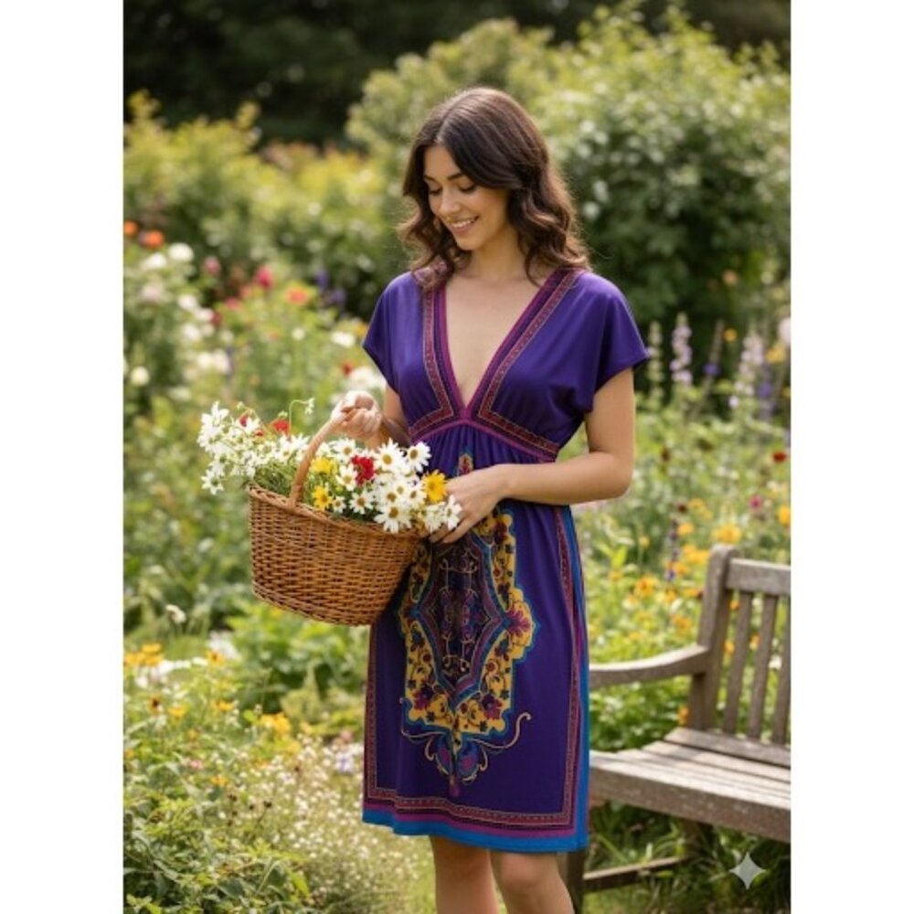 Flying Tomato Double V-Neck Purple & Gold Boho Printed Mini Dress